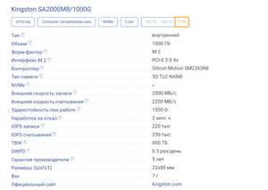 SSD накопитель Kingston A2000 1TB (SA2000M8/1000G)