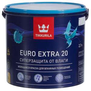 Краска Tikkurila Euro Extra 20, 2,7 литра, белая, полуматовая, влагостойкая