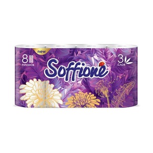 Туалетная бумага Soffione, 3 слоя, 8 рулонов (смываемая втулка)