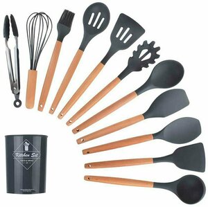 Кухонный набор Kitchen Set силикон и бамбук из 12 шт / цвет темно серый.