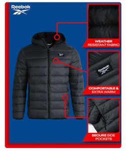 Мужская утеплённая куртка Reebok с капюшоном, из водоотталкивающей ткани