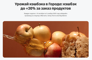 До +20% возврата за заказ продуктов во Вкусвилле через Город раздел Супермаркеты Т-банка
