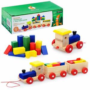 Каталка Паровозик с конструктором, 28 см, дерево